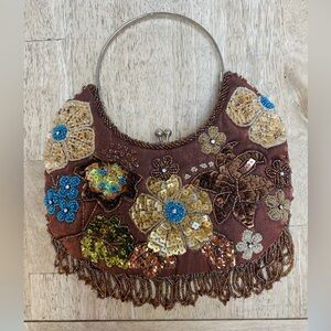 Embellished Floral Brown Evening Bag